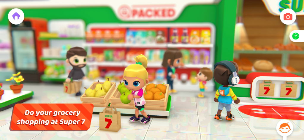 Personajes recogiendo frutas y comprando comestibles en el supermercado Super 7 en Urban City Stories
