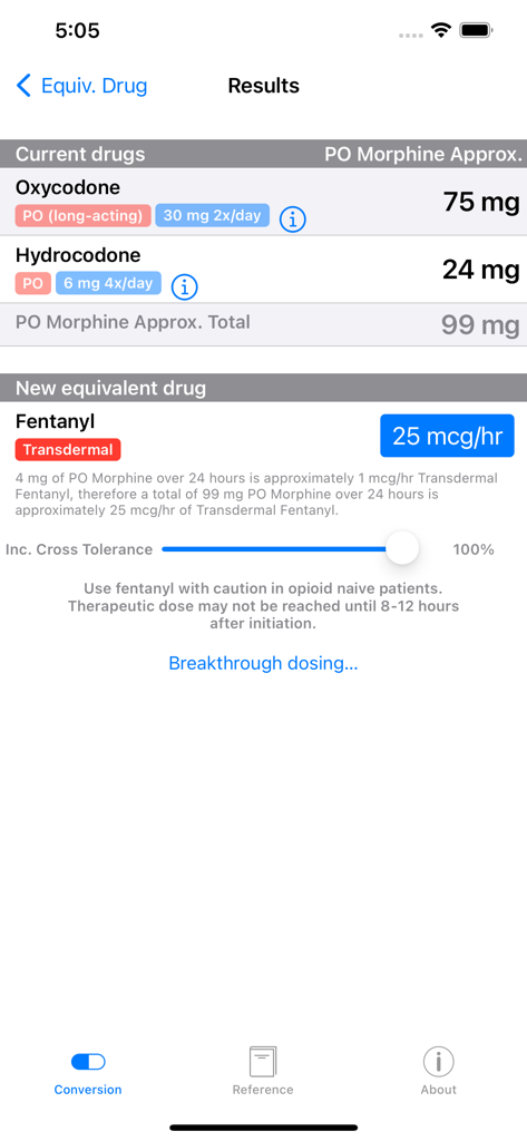 Uno screenshot della schermata dei risultati dell'app Conversione del Dosaggio degli Oppioidi che mostra un calcolo per il passaggio da Ossicodone e Idrocodone a Fentanyl.