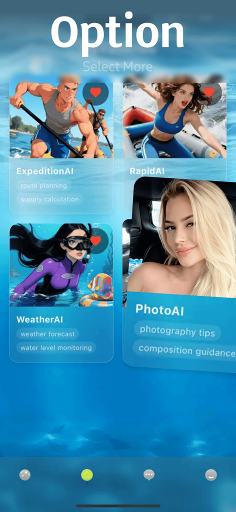 Raffo app interface displaying AI mentors for rafting route planning weather forecasting and photography guidance