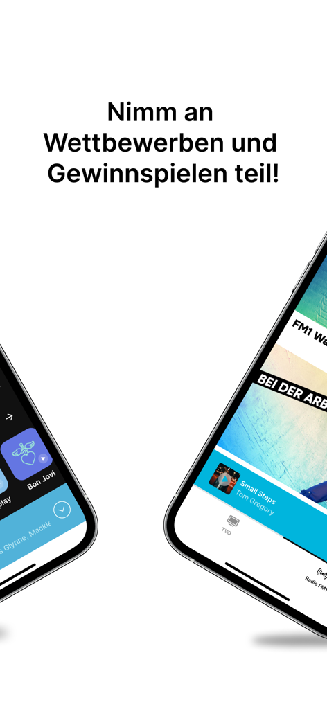 Una pantalla promocional de la aplicación Radio FM1 invitando a los usuarios a participar en concursos y sorteos.