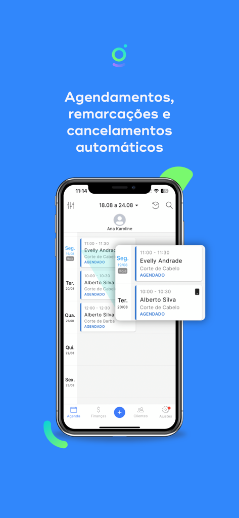 Tela de smartphone exibindo o aplicativo Gendo Profissionais com agendamento automatizado e calendário para negócios baseados em serviços