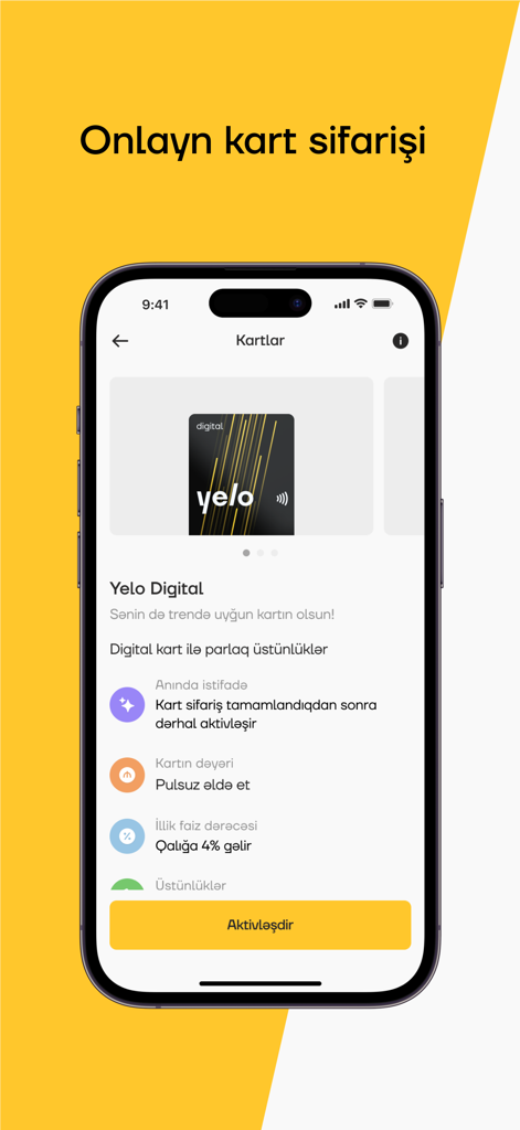 Yelo - Interface for ordering a Yelo Digital card in the banking app