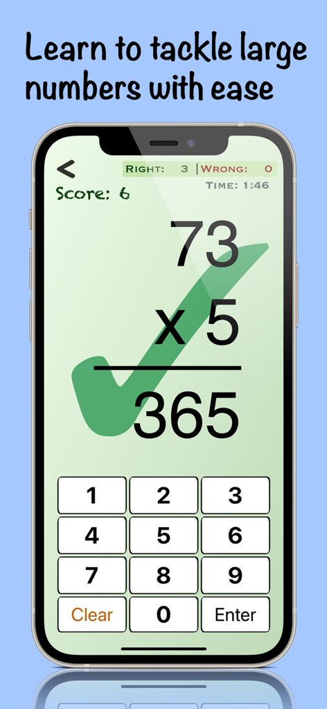 Mental Math Cards Games & Tips - A mental math app screenshot showing a multiplication problem 73 times 5 with a green checkmark indicating the correct answer 365.