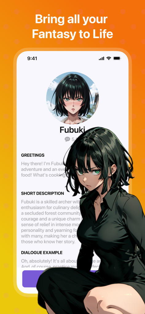 Interface of the Fantasy AI app showing a profile for an anime character named Fubuki including greetings and a short description