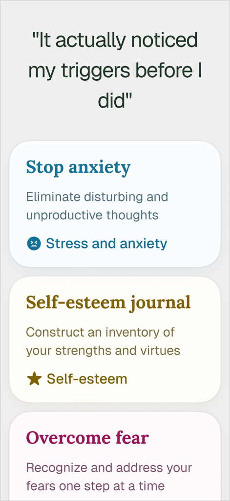Elomia: Mental Health AI - Dashboard of Elomia app featuring tools for anxiety relief self esteem journaling and overcoming fear