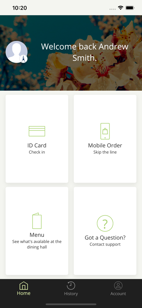 FreshX by Fresh Ideas - The FreshX app home screen showing options for digital ID card mobile ordering and dining hall menus