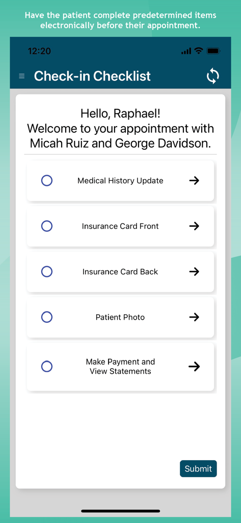 eClipboard 24 - A patient check-in checklist on the eClipboard 24 app showing steps for medical history updates and insurance cards.