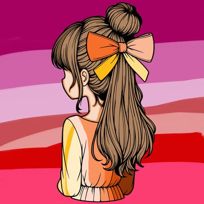 realistic girl  with hip length hair a bun and a big bow on the back of head