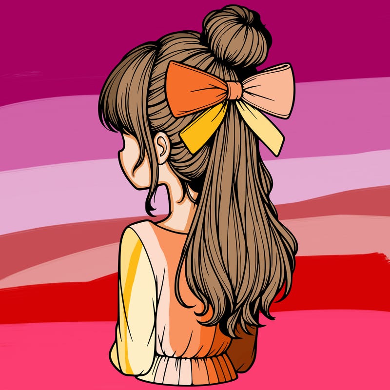 realistic girl  with hip length hair a bun and a big bow on the back of head