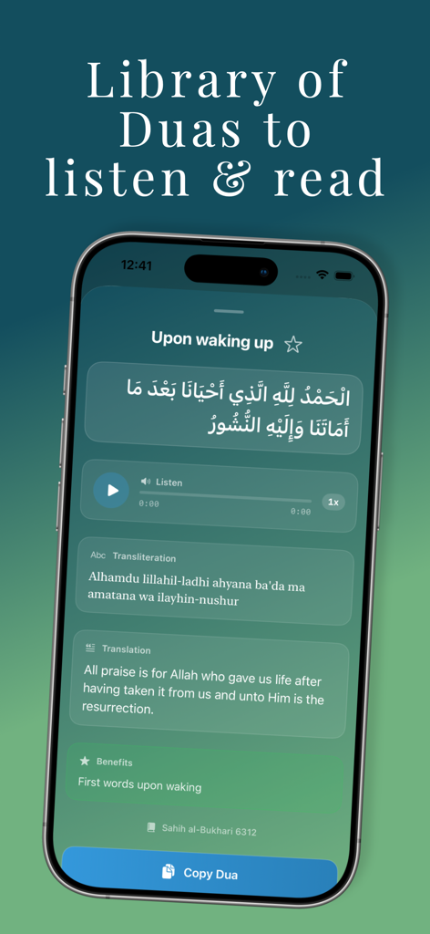 Niyyah Journey - Smartphone screen showing the Niyyah Journey app dua library with Arabic text, transliteration, and English translation for waking up.