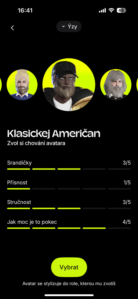 Interface pour choisir un avatar IA et ajuster ses traits de personnalité dans l'application Kuba English