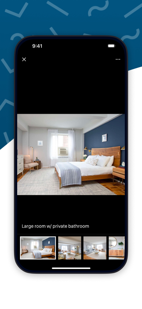 A bedroom listing on the SpareRoom US mobile app showcasing a large room with a private bathroom