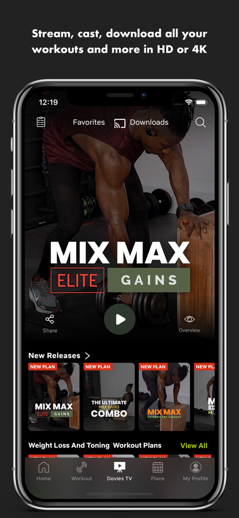 Doviesfitness app screen displaying high definition gym workout videos with casting and download options