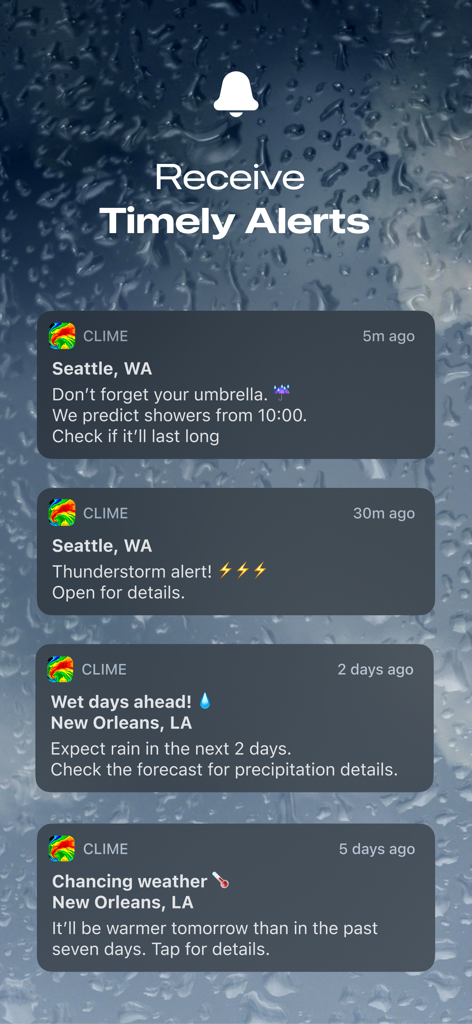 A smartphone screen displaying various weather notifications from the Clime app including rain and thunderstorm alerts on a rain-streaked background.