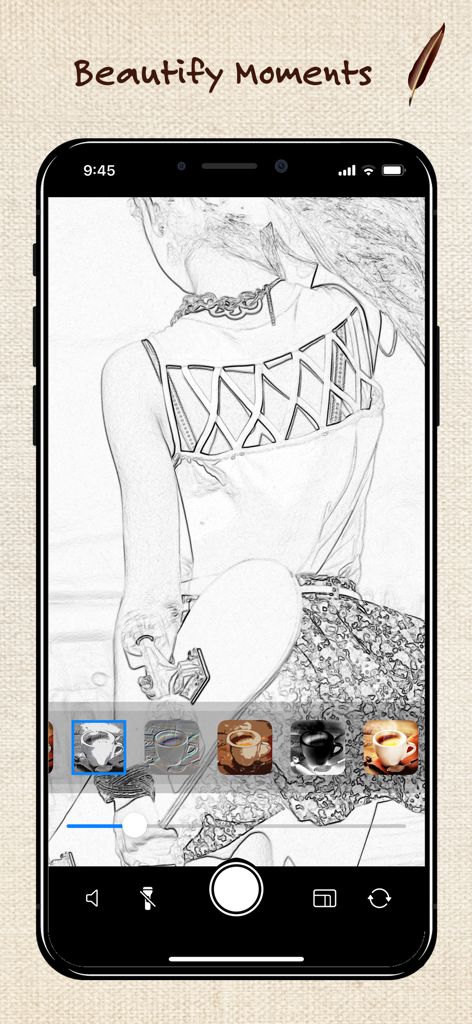 A smartphone showing the SketchSnap app interface with a live pencil sketch filter applied to a woman holding a skateboard.
