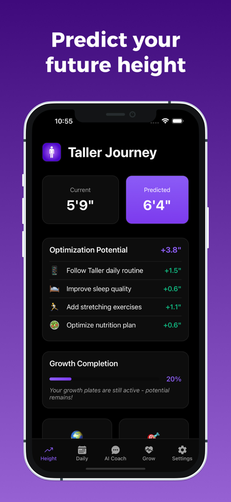 Taller - Maximize Height - Interfaz de smartphone de la aplicación Taller que muestra una altura actual de 5 pies 9 pulgadas y una altura futura predicha de 6 pies 4 pulgadas con factores de optimización del crecimiento.