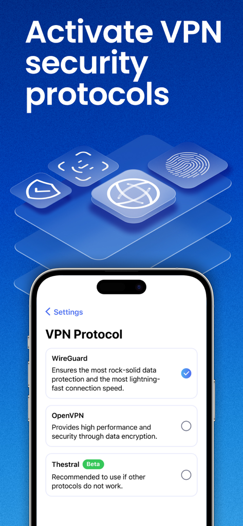 VPN Lumos app screen showing security protocol selection including WireGuard OpenVPN and Thestral