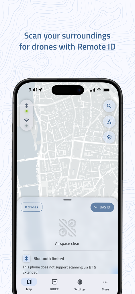 Drone Scanner (gen.2) - Drone Scanner app interface showing a map for real-time drone detection and Remote ID scanning.