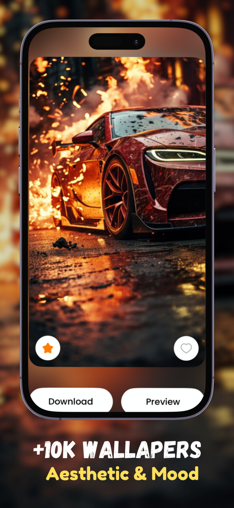 Car Wallpaper 4k - Una vista previa de un fondo de pantalla de coche deportivo de alta resolución en una pantalla de iPhone con botones de descarga y vista previa