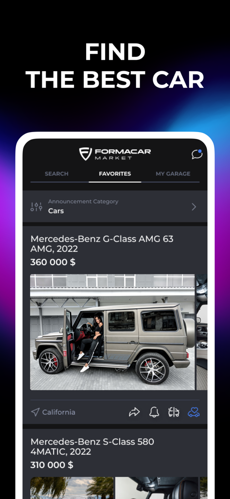 Formacar: Buy Car & Customize - Screenshot of the Formacar app marketplace showing a Mercedes-Benz G-Class listing for sale in California