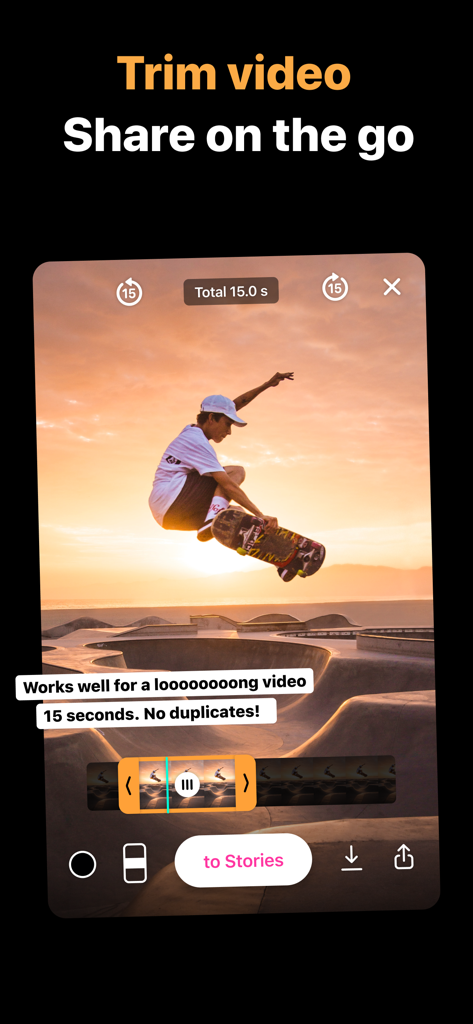 Interface of the to Stories app showing video trimming for social media stories