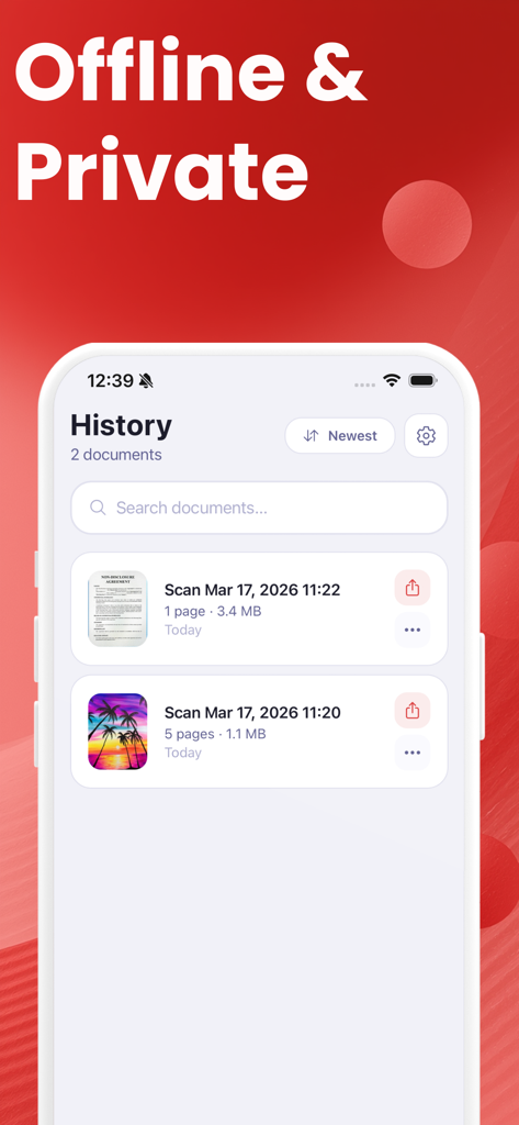 PDF Scanner: Scan Documents AI - スキャンされた文書のリストと、オフラインおよびプライベート機能のヘッダーが表示されているPDFスキャナーアプリの履歴画面。