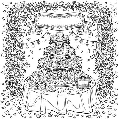 Prepare for a unique wedding feast with our charming Cheese Breads Wedding coloring page. This delightful design combines gourmet treats with romantic elegance, perfect for a relaxing coloring session.