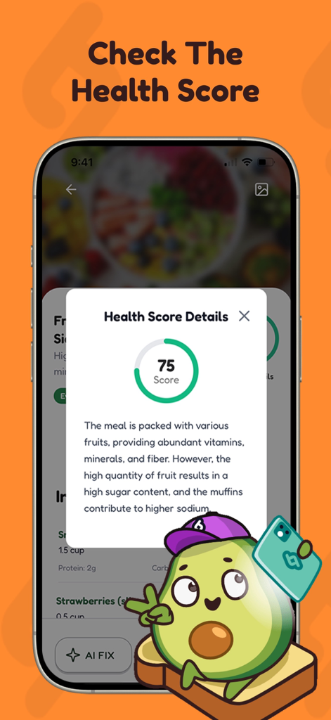 Amino: Free AI Calorie Tracker - Pantalla que muestra los detalles de la puntuación de salud de la aplicación Amino y el análisis nutricional impulsado por IA