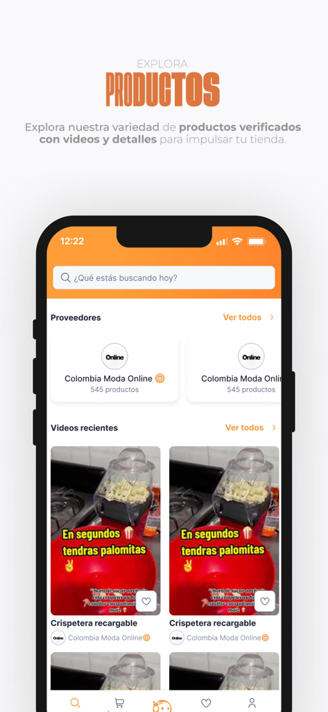 Dropi App - Dropiアプリのインターフェース。ドロップシッピング起業家向けの説明動画付きの検証済み商品カタログが表示されています。