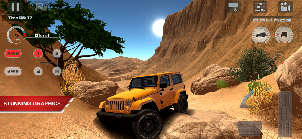 OffRoad Drive Desert - An orange 4x4 vehicle climbing rocky desert terrain with technical dashboard UI in OffRoad Drive Desert