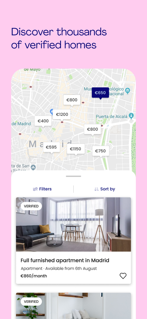 Spotahome: Apartments & rooms - Spotahome app interface showing verified apartment listings and prices on a map of Madrid.