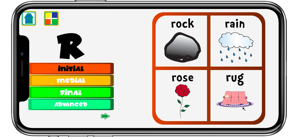 R Articulation - Interface de l'application R Articulation montrant la pratique du son R initial avec des illustrations pour rock, rain, rose et rug.