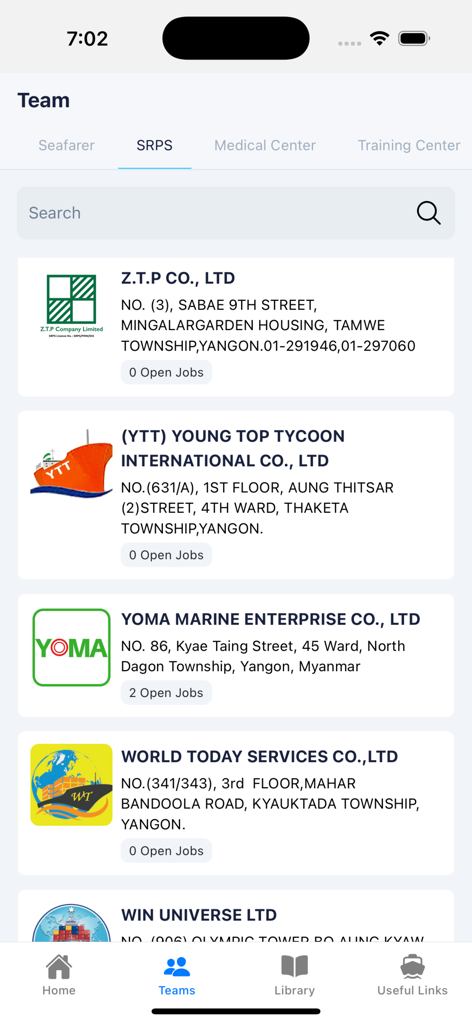 Seafarer Solution - Mobile app screen showing a list of Seafarer Recruitment and Placement Services with company details and open job counts