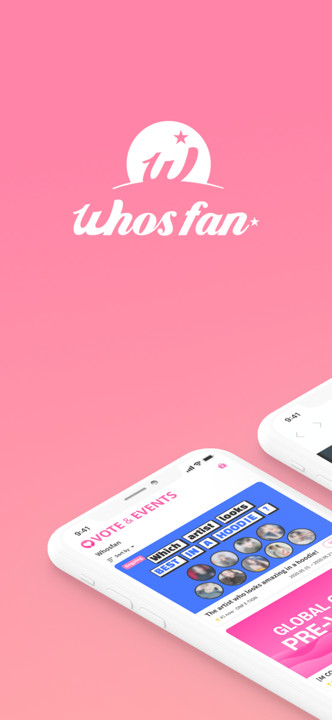 Whosfan - Whosfanモバイルアプリの画面。K-POPファンの投票とイベントセクションがピンクの背景に表示されている