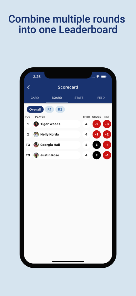 Golfify - Golf Tournament App - Golfify app interface showing a multi-round golf tournament leaderboard with player rankings and scores.