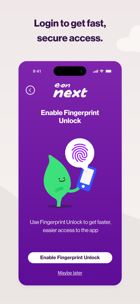 E.ON NEXT - E.ON NEXT app screen showing the option to enable fingerprint unlock for secure account access.