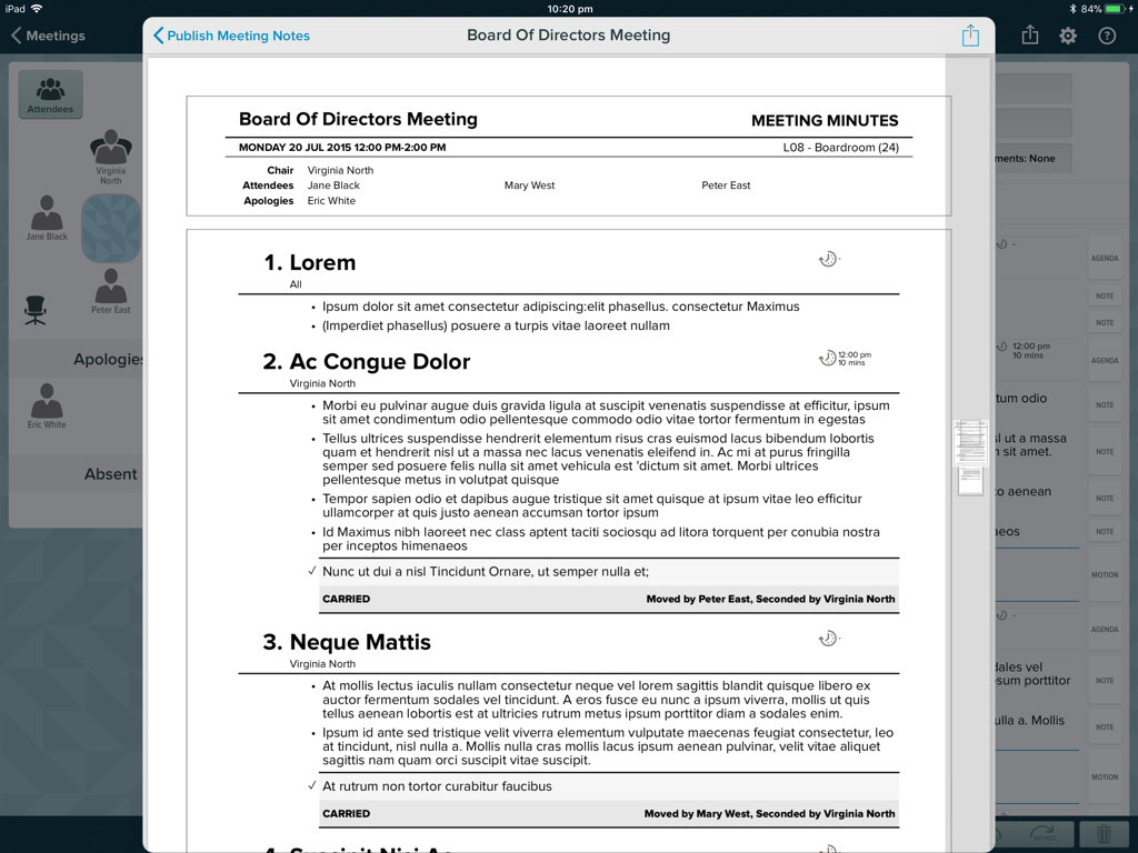Preview of published professional meeting minutes on an iPad showing structured notes and attendees.