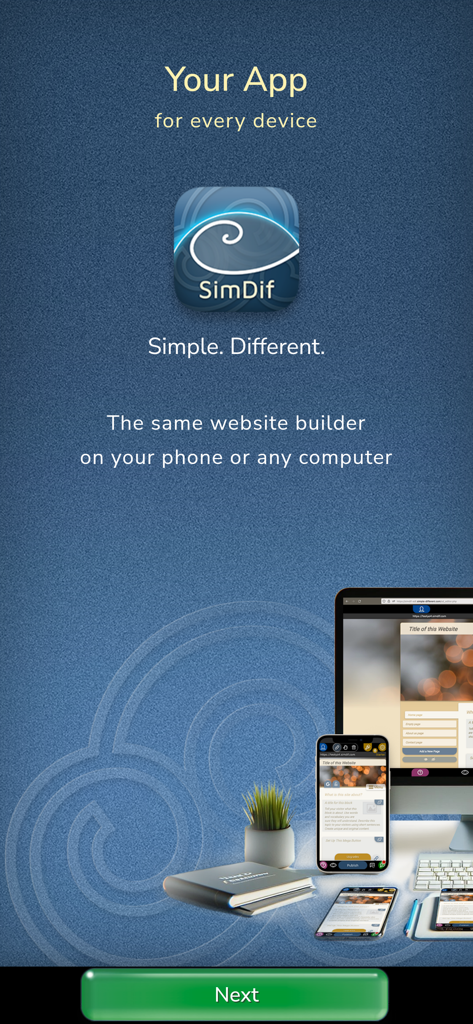 SimDif — Website Builder - Interface de création de sites web SimDif affichée sur un smartphone et un écran d'ordinateur de bureau.