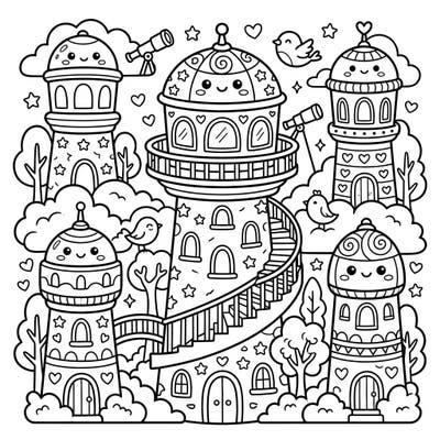 Discover a whimsical world with our Kawaii Observation Towers coloring page, where charming towers smile from fluffy clouds. This delightful design is perfect for adding your personal touch of vibrant colors and creative joy.