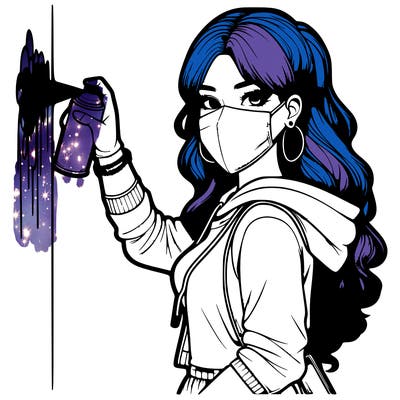 realistic girl with mask spray painting a wall