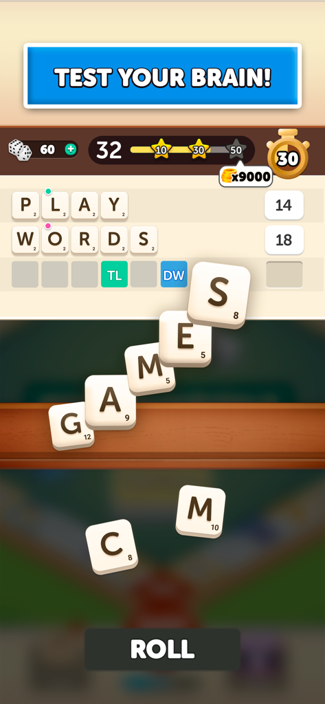 Wordopoly gameplay screen showing word tiles forming PLAY and WORDS with a Roll button at the bottom