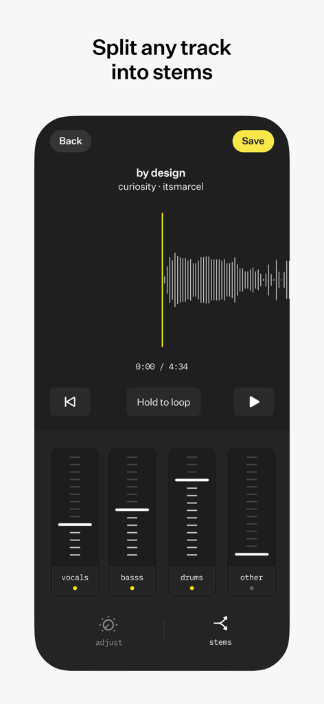 [untitled] - A interface do aplicativo untitled exibindo a divisão de stems por IA para criadores de música independentes.