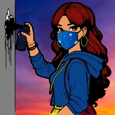 realistic girl with mask spray painting a wall