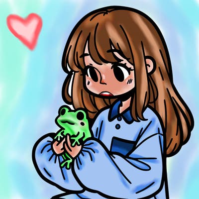 girl with long hair and a oversized shirt. and she is holding a frog