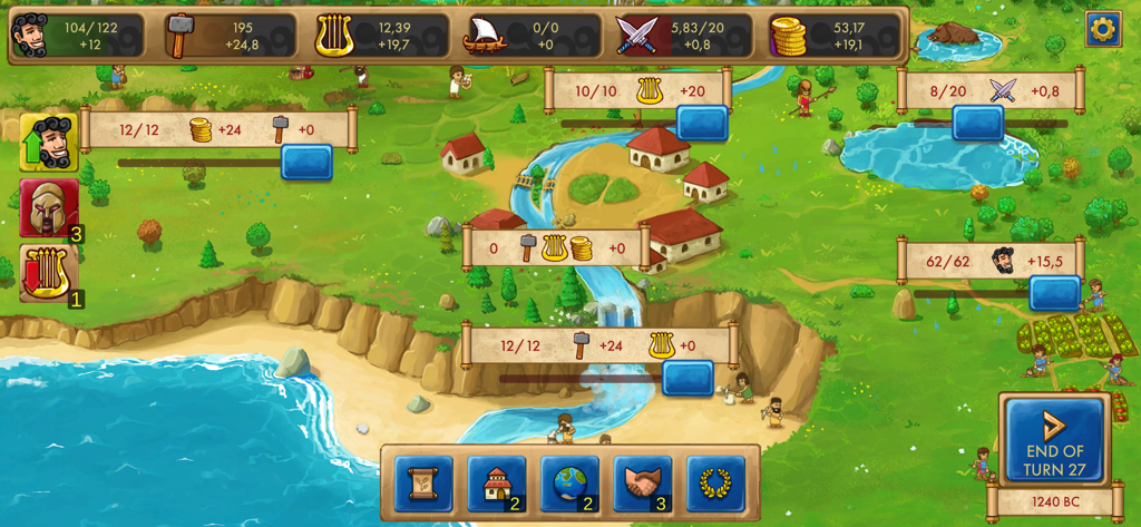Gameplay of Marble Age Remastered showing ancient Greek city management and resource distribution