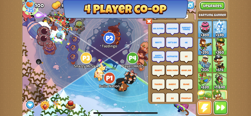Four player cooperative gameplay in Bloons TD 6 Netflix showing monkey towers and a quick chat menu