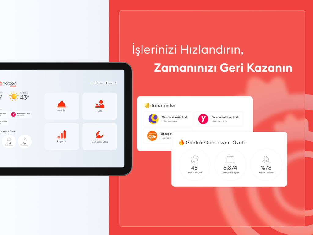 NarPOS Cloud - Panel de gestión de restaurantes NarPOS Cloud que muestra el resumen de operaciones diarias y notificaciones de pedidos en un iPad