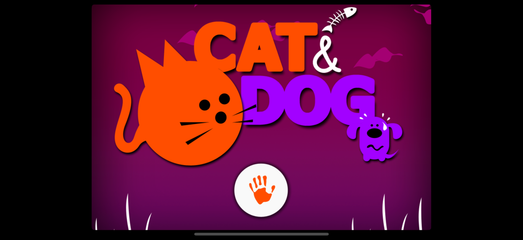 Pantalla de título de la aplicación Gato y Perro con un gato naranja estilizado y un perro morado.