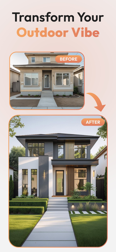 HomeAura: AI Interior Design - Comparação de antes e depois mostrando a fachada de uma casa transformada em um estilo arquitetônico moderno usando IA