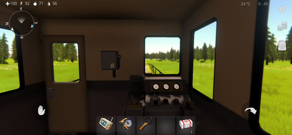 Ocean Is Home 2: Island Life - First-person view from inside a vehicle cabin with a control panel and landscape view in Ocean Is Home 2